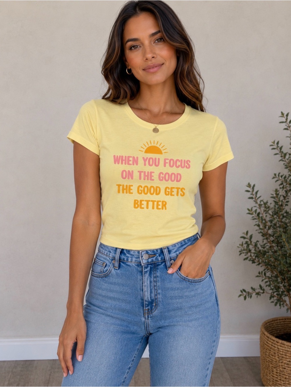 Wound Up Yellow Graphic Tee with Pink & Orange Print